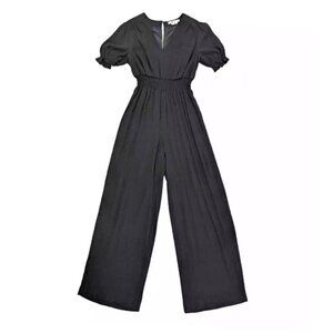 Boden Womens Black Smocked Waist V Neck‎ Jumpsuit Keyhole Back Wide Leg Size 2R